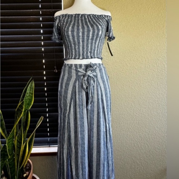 No Boundaries Pants - No Boundaries Blue and White Off-Shoulder Jumpsuit